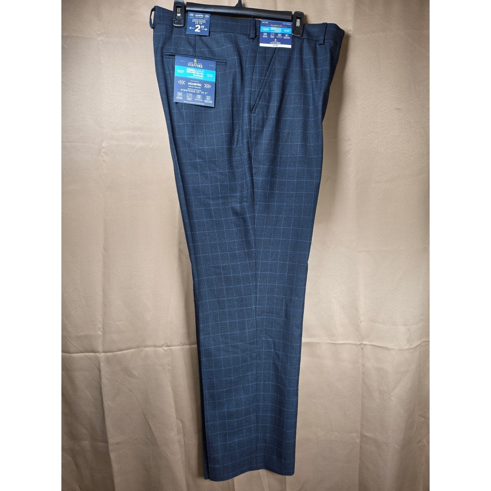 Stafford Mens CoolMax Classic Fit Flat Front Dress Pants Navy Mini Check 44x32